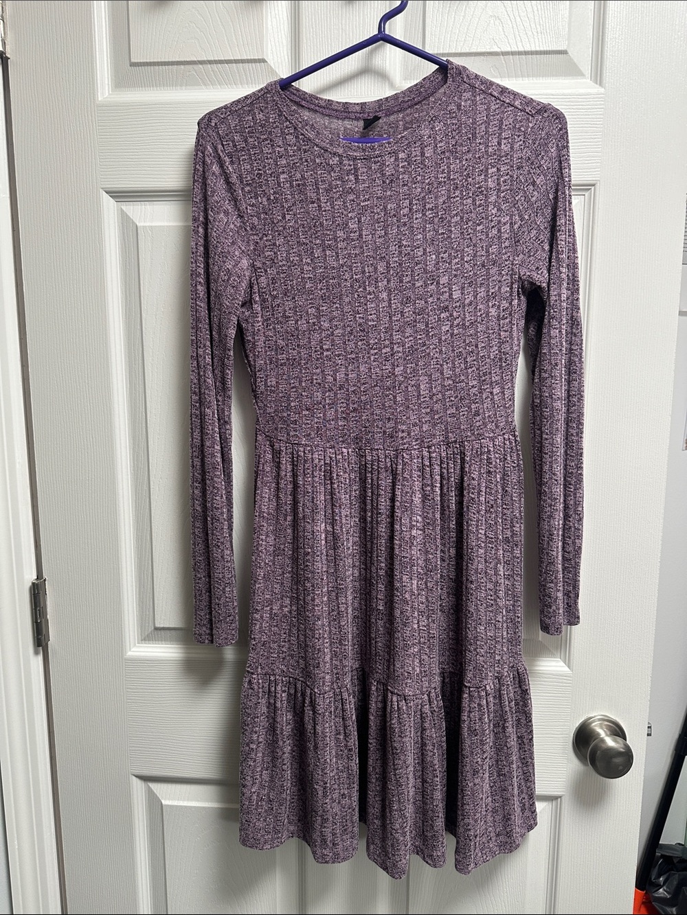 SHEIN Purple Ribbed Long Sleeve Tiered Dress